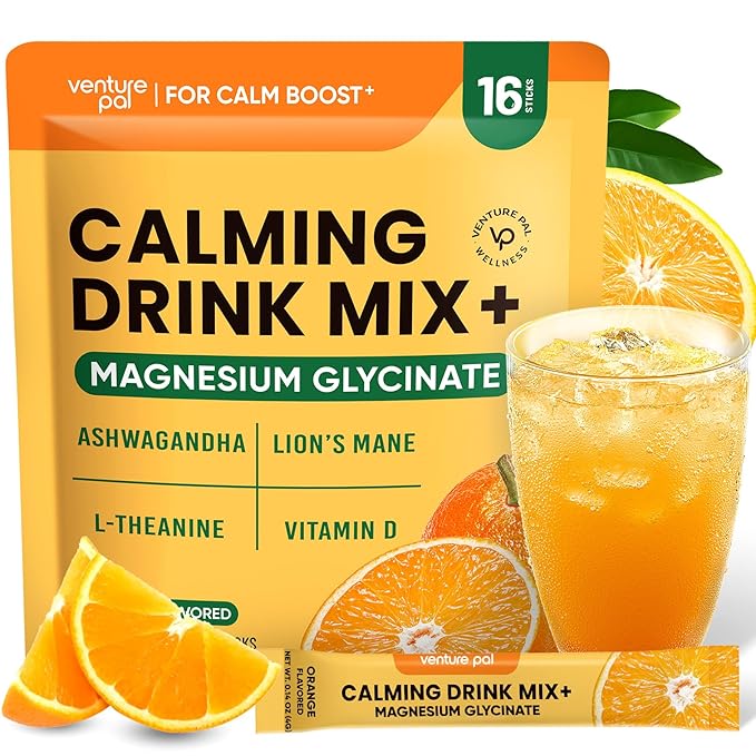 Venture Pal Calming Powdered Drink Mix, Magnesium Glycinate, Ashwagandha, L-Theanine,Vitamin D, Lions Mane, Sugar Free Magnesium Supplement Blend for Relax & Focus, Non GMO, Vegan, On The Go