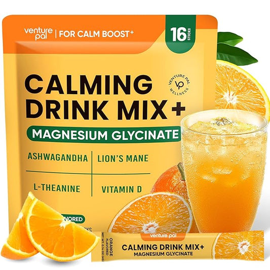 Venture Pal Calming Powdered Drink Mix, Magnesium Glycinate, Ashwagandha, L-Theanine,Vitamin D, Lions Mane, Sugar Free Magnesium Supplement Blend for Relax & Focus, Non GMO, Vegan, On The Go