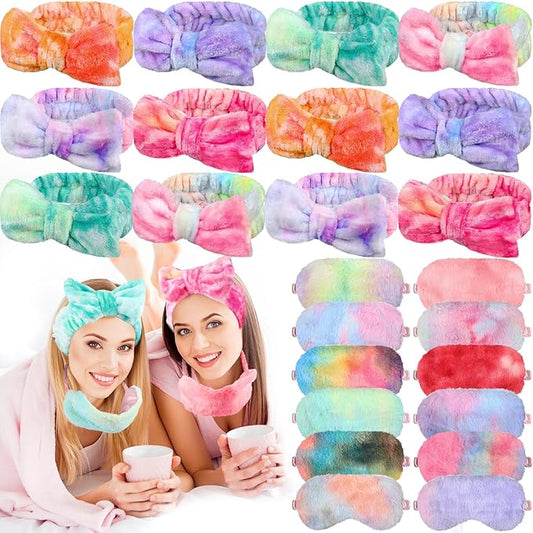 Jexine 24 Pcs Spa Headband Plush Sleep Eye Mask Bulk Bow Hair Band Makeup Headband for Washing Face Sleepover Party Supplies Sleeping Stuff Accessories for Single Party (Multicolor,Tie Dye Style)