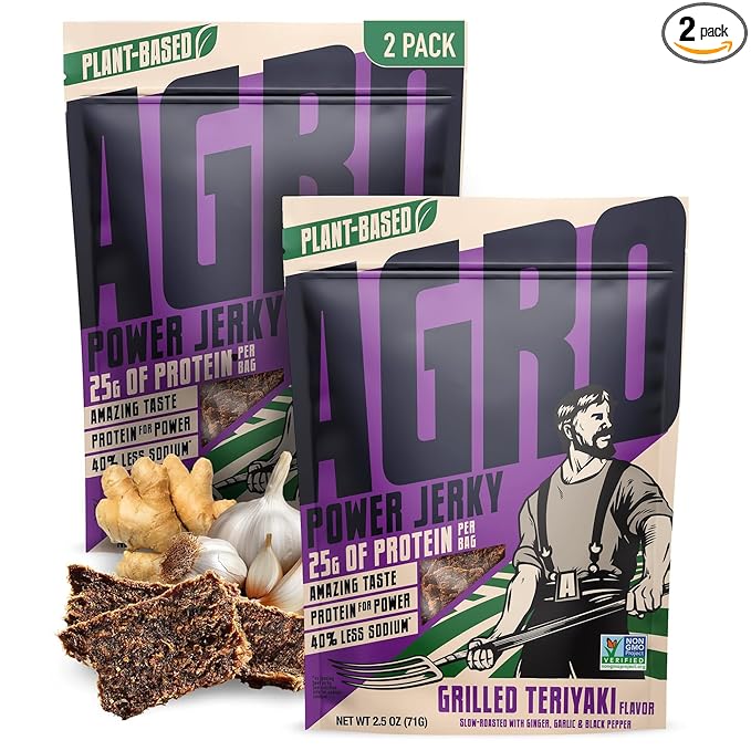 AGRO POWER Vegan Jerky - Grilled Teriyaki Flavor – Delicious, Non-GMO Certified Vegetarian Jerky with 25 Grams of Plant-Based Protein and 40% Less Sodium. High Protein Vegan Snacks - 2 Pack Set