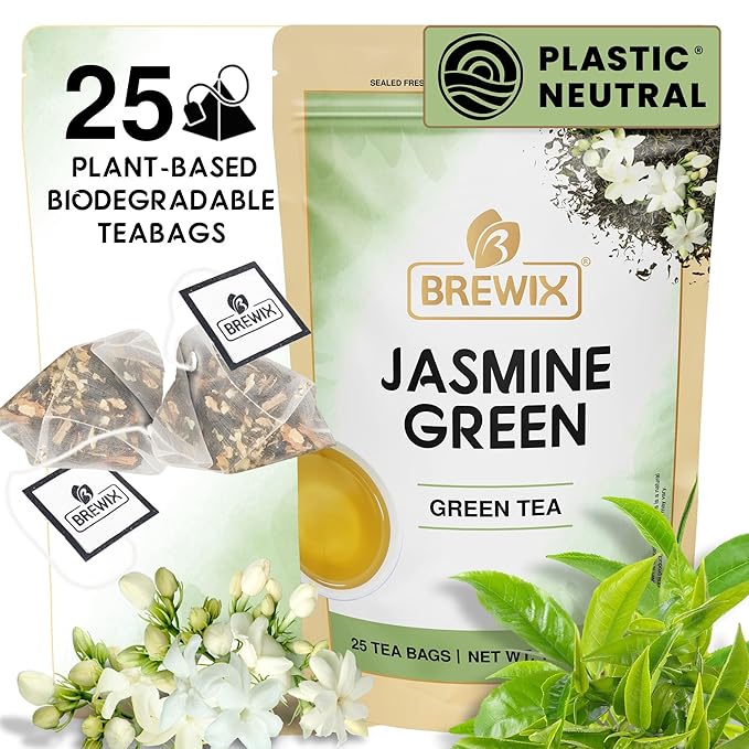 BREWIX, Jasmine Green Tea (25 Pyramid Tea Bags) | High Grown Green Tea from Himalayas with Jasmine | Caffeinated Tea Loose Leaf | High Elevation Grown