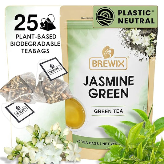 BREWIX, Jasmine Green Tea (25 Pyramid Tea Bags) | High Grown Green Tea from Himalayas with Jasmine | Caffeinated Tea Loose Leaf | High Elevation Grown