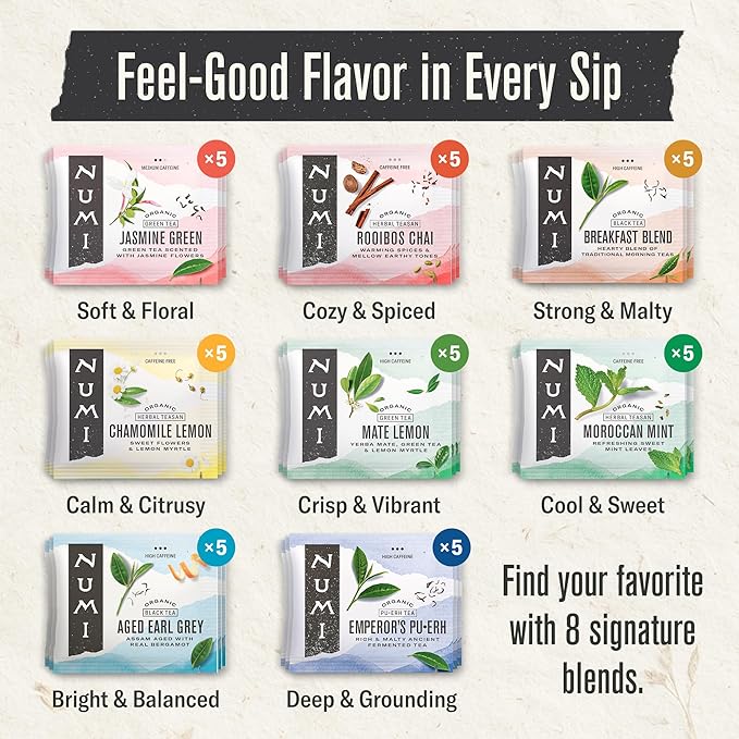 Numi Organic Tea By Mood Gift Set, 40 Tea Bag Assortment, Premium Organic Black, Pu-erh, Green, Maté, Rooibos & Herbal Teas
