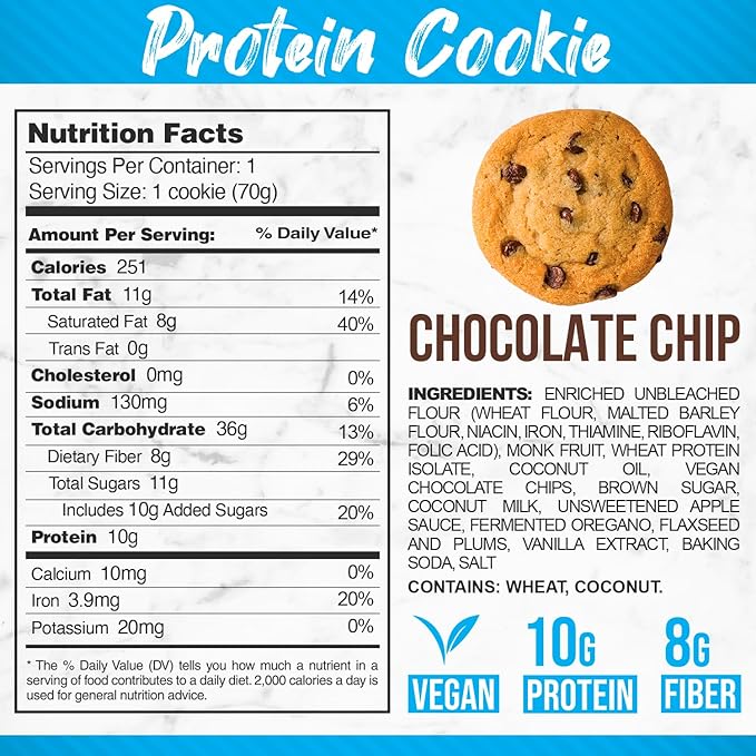 Forzagen Vegan Protein Cookies - Chocolate Chip Flavor | Low Carb Treats, Healthy Snacks, No Artificial Sweeteners and Trans Fat | Plant Based Vegan Snack,10g of Protein per Serving | 6-Pack
