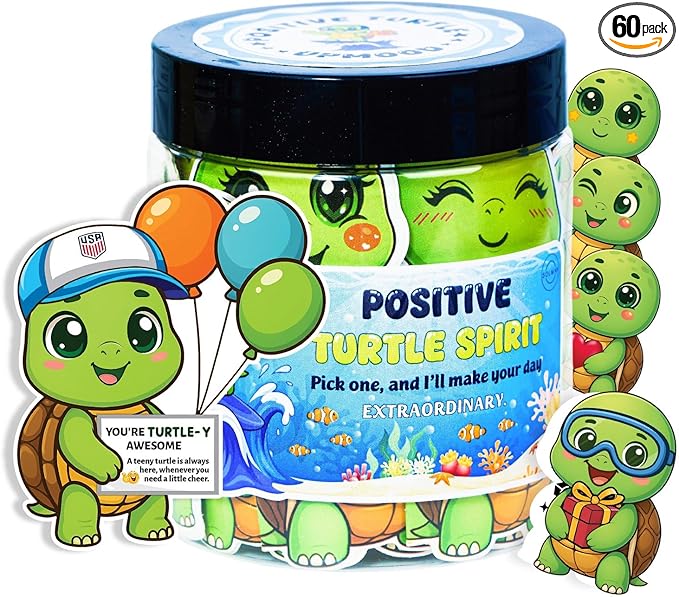 Positive Turtle Jar – 60 Daily Affirmation Cards with Standee | Cute Desk Decor & Encouragement Gift for Women, Coworkers, Teens, Friends | Emotional Support Jar, Just Because, Self Care Idea