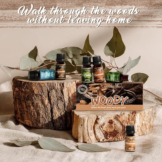 Woody Essential Oil Set, 6 Pure Wood Scents - Frankincense, Cedar, Sandalwood, Agarwood, Frosty Fir, Bamboo & Teak Essential Oils for Diffusers, Humidifiers, Cleaning, DIY Soaps & Candles