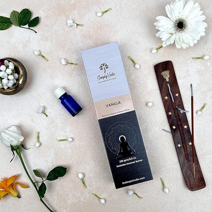 Simply Vedic Vanilla Incense Sticks β 250g Pack (Approx. 135 Handmade Agarbatti + Free Holder) | Charcoal-Free | Natural Essential Oils for Meditation, Sleep, Mood, Yoga & Aromatherapy Use