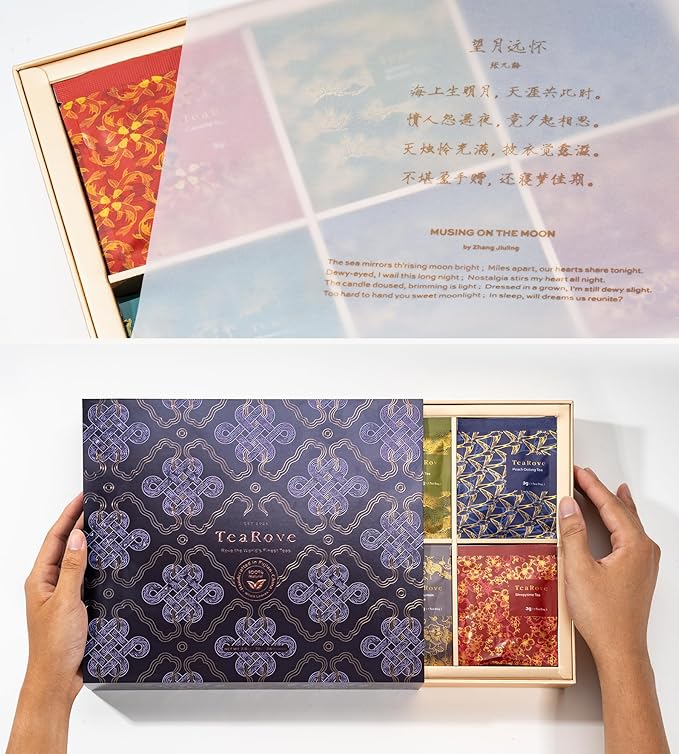 TeaRove Tea Sampler Gift Box - The Road Ahead Collection, Fancy Chinese Full-Leaf Tea Assortment Variety Pack, Black, Oolong, Jasmine Green & Herbal Teas, Hot or Iced, Self Care Gifts for Teas Lovers