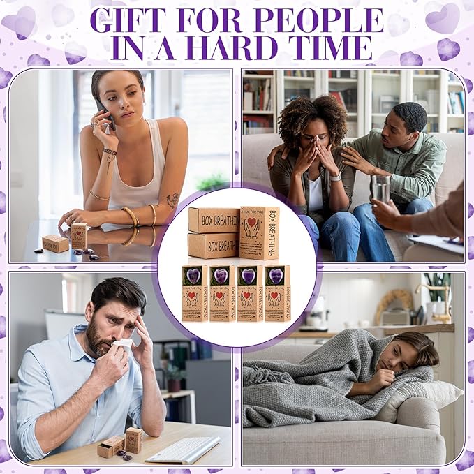 Landical 50 Sets Pocket Hug Token Gifts Small Crystal Heart Stones Bulk with Boxes Mini Heart Shape Natural Stones for Colleagues Family Distance Social Celebration of Life Gifts(Purple)