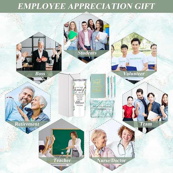 Domensi 6 Pcs Employee Appreciation Gift Set for Women Female Thank You Gift May You Be Proud 20 oz Rustic Marble Sign Tumbler Makeup Bag Journal for Teacher Nurse Lady Work Business(Green)