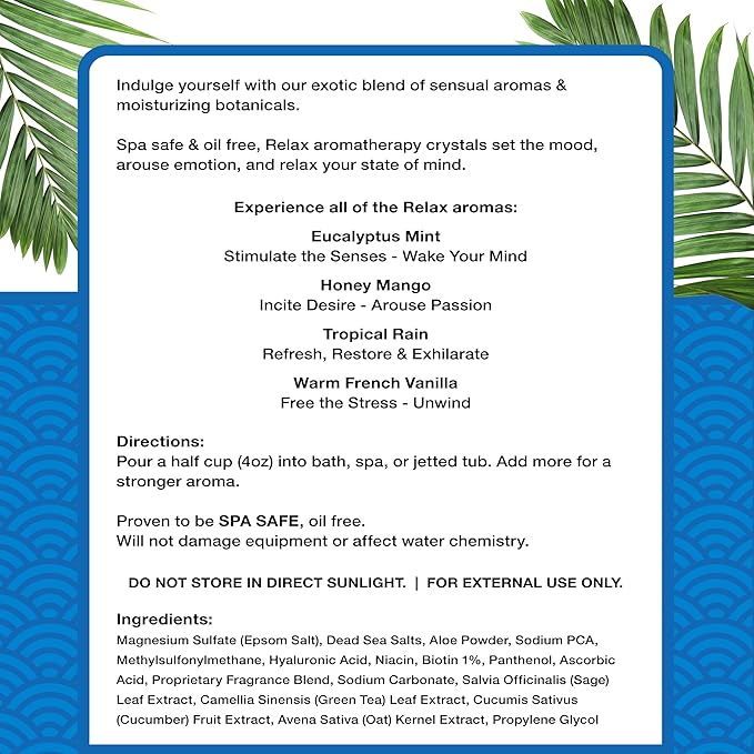 Relax Spa & Bath, Epsom & Dead Sea Salts, Aromatherapy Bath Salts for Hot Tub, Bath, or Spa, Infused with Magnesium, Tropical Rain Scent