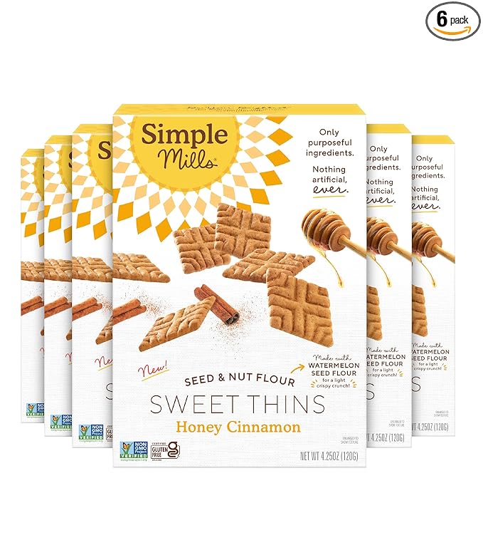Simple Mills Sweet Thins Cookies, Nut & Seed Flour, Honey & Cinnamon, Gluten Free, Paleo Friendly, Healthy Snacks, 4.25 oz Pack of 6
