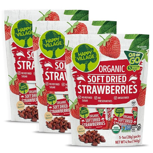 Happy Village Organic Soft Dried Strawberries On the Go – 3 Bags (15 Individual Portion Packs) | Healthy, Organic, Non-GMO, Vegan, Kosher, Gluten-Free Snack Packs