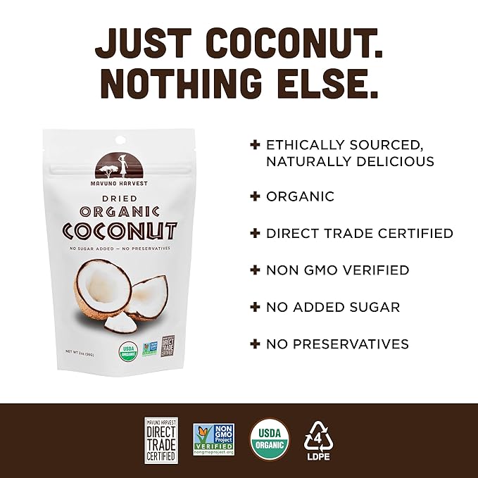 Mavuno Harvest Coconut Chips Dried Fruit Snack | Unsweetened Organic Dried Coconut Strips | Gluten Free Snack | Healthy Snacks for Kids and Adults | Vegan, Non GMO, Direct Trade | 2 Ounce, Pack of 3