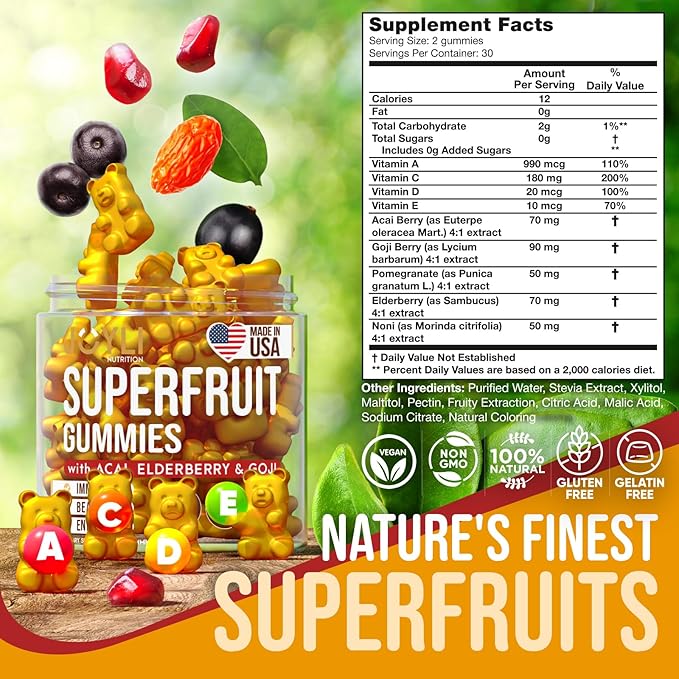 2 Pack - Multivitamin Fruit Gummies Vitamins A, C, D & E for Adults and Kids - Superfruit Gummy for Women&Men with Goji, Elderberry - Supports Immunity, Digestion&Energy - 60 Chewable Veggie Gummies