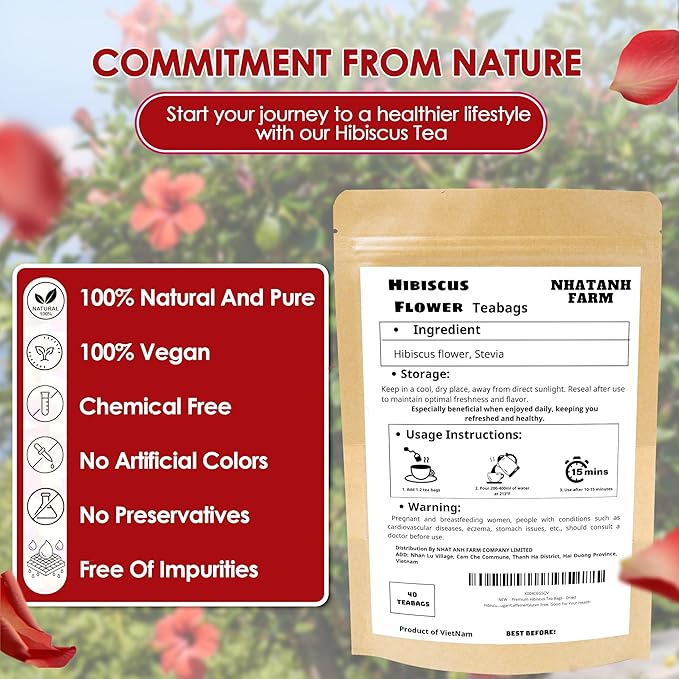 Premium Hibiscus Tea Bags - Dried Hibiscus Flower Tea Bags - 40 Teabags, 2.5g/bag), 100% Natural & Pure Hibiscus Flowers, Sugar/Caffeine/Gluten Free. Good For Your Health