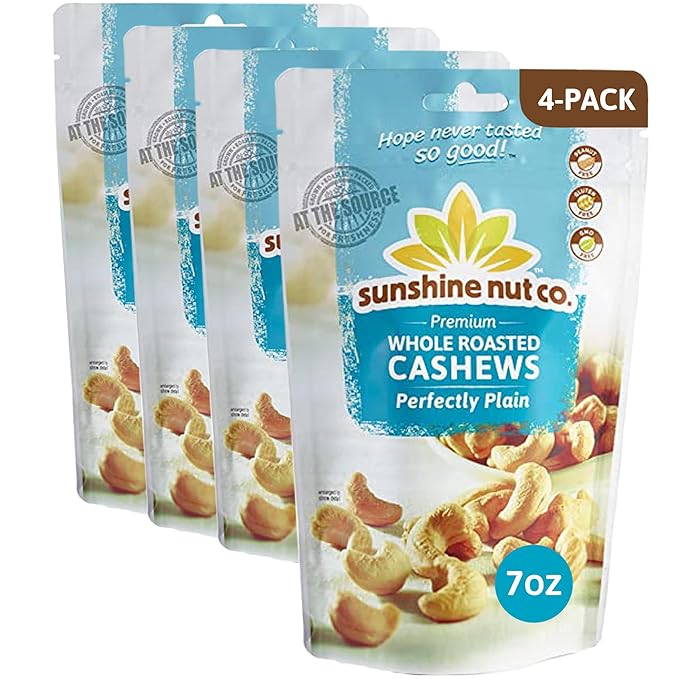 Sunshine Nut Company Whole Roasted Cashews, Perfectly Plain Flavor, No Added Salt, 4 Pack, 7 oz. Each, Gluten Free, Peanut Free and Vegan Individual Snack Packs for Kids and Adults, GMO Free