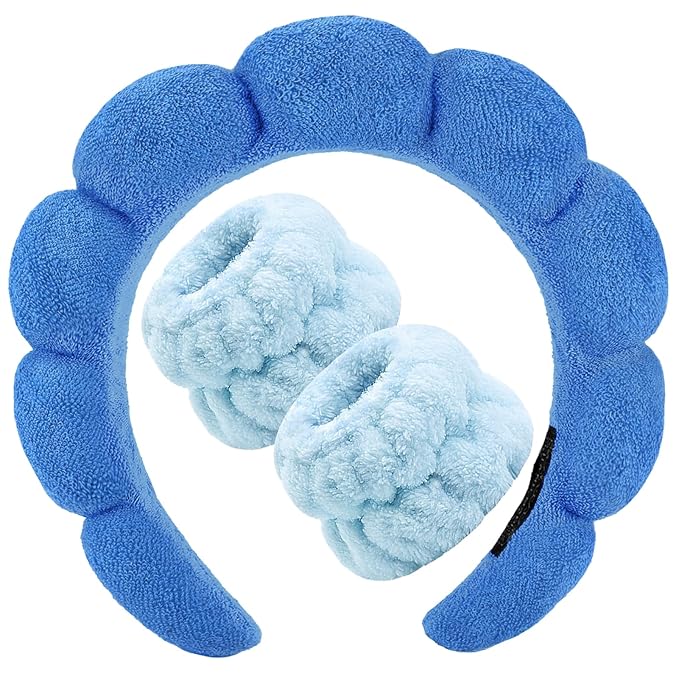 Zkptops Spa Headbands for Washing Face Wristband Set Sponge Makeup Skin Care Headband Towels Bubble Soft Hairband for Women Girls Puffy Headwear Winter Non Slip Thick Thin Hair Accessory(Dark Blue-3)