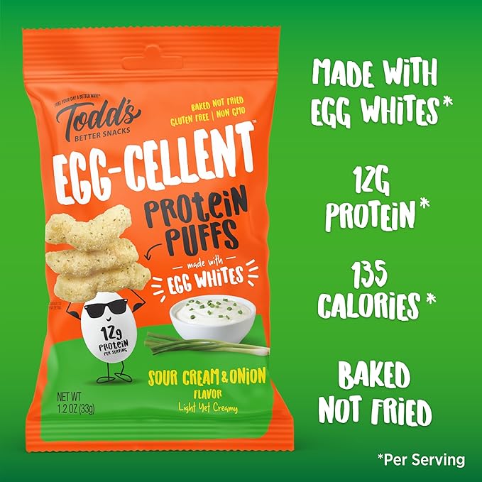 Todd's Better Snacks Egg-Cellent Protein Puffs, Sour Cream & Onion – 12g Protein, Gluten-Free, Paleo-Friendly, Baked, GLP-1 Compliant – Healthy Snack, Made with Egg Whites – 1.2 Oz (Pack of 10)