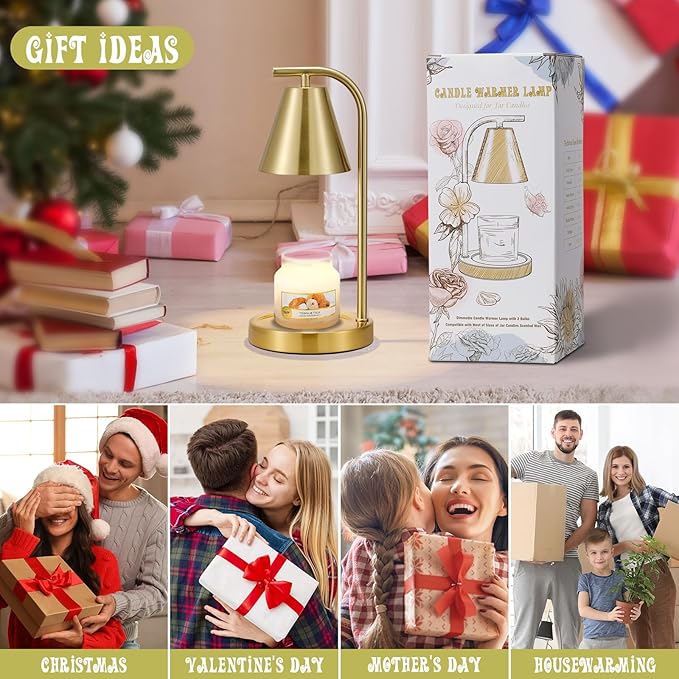 Gold Candle Warmer Lamp with Timer, Electric Candle Lamp for Scented Wax with 2 Bulbs, House Warming Gift for New Home & Gifts for Women