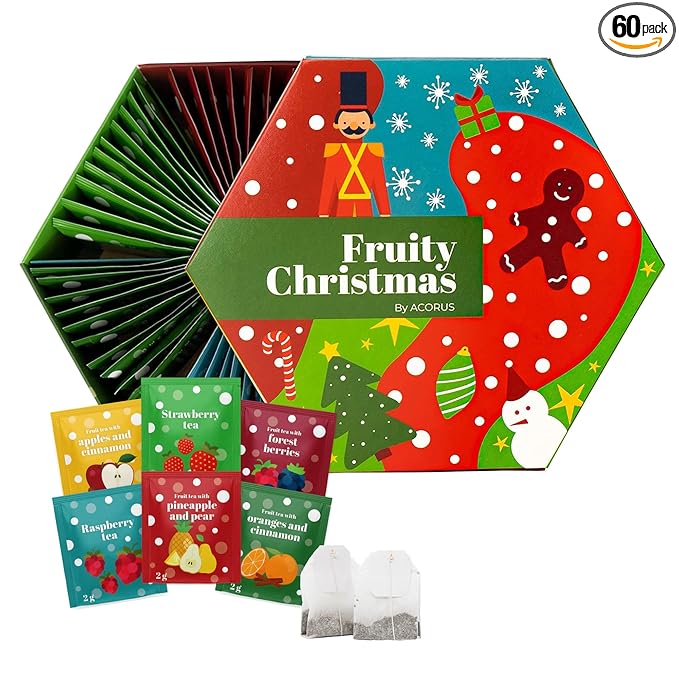 ACORUS Fruity Christmas Tea Set, Fruit Tea Gift Set, 60 Assorted Tea Bags Variety Pack, Fruit Tea Sampler, Specialty Tea Bags Individually Wrapped, Tea Gifts for Women, Men, Tea Lovers