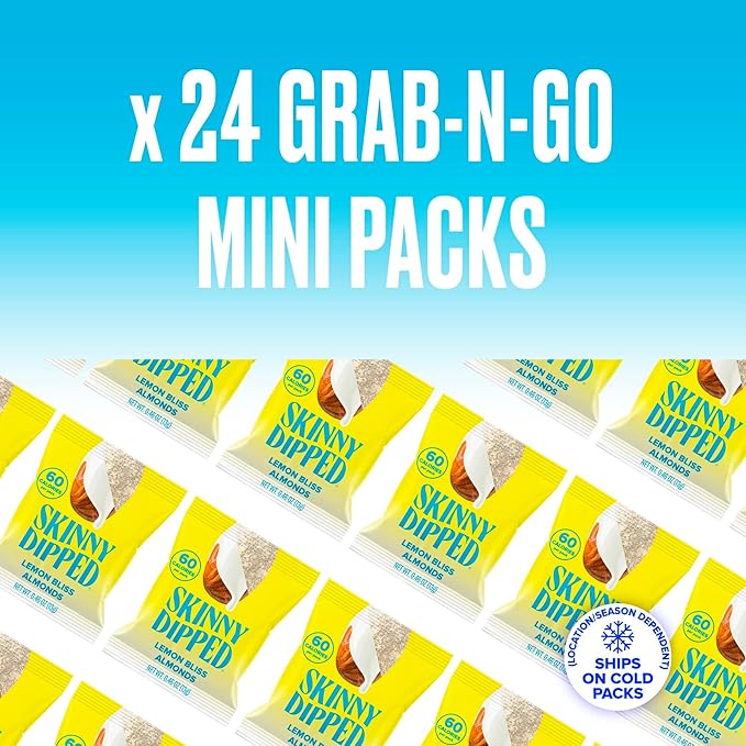 SkinnyDipped Lemon Bliss Almonds, Mini Snack Packs, Chocolate Covered Almonds, Low Sugar, Gluten Free, Healthy Snack, 24 Count