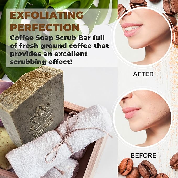 Handmade Coffee Scrub Soap Bar โ Natural Exfoliating Soap with Fresh Ground Coffee, Cocoa Butter & Latte Aroma โ Cold Process Body Scrub Bar - (5 bars)