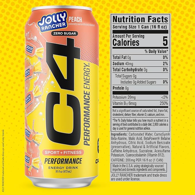 Cellucor C4 Performance Energy Drink | JOLLY RANCHER Variety Pack | Zero Sugar Carbonated Preworkout Energy | 200mg Caffeine with Beta Alanine | 16 Fl Oz (12 Pack)