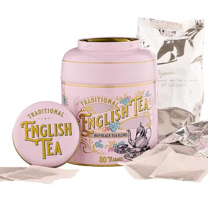 New English Teas Vintage Victorian Tea Caddy with 80 English Teabags (Rose Pink)