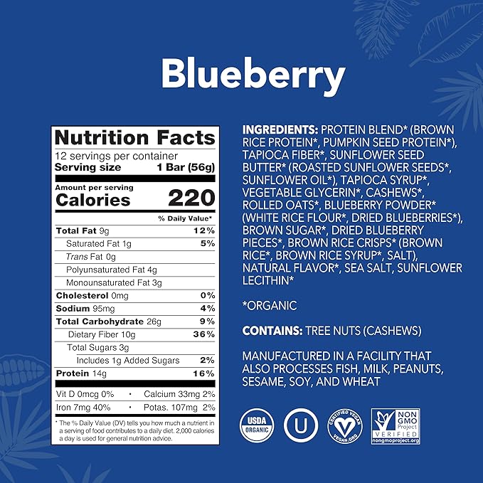 ALOHA Organic Plant Based Protein Bars - Blueberry Bars, Vegan, Low Sugar, Gluten-Free, Low Carb, Non-GMO, No Stevia, No Erythritol - 12 Count (Pack of 1)