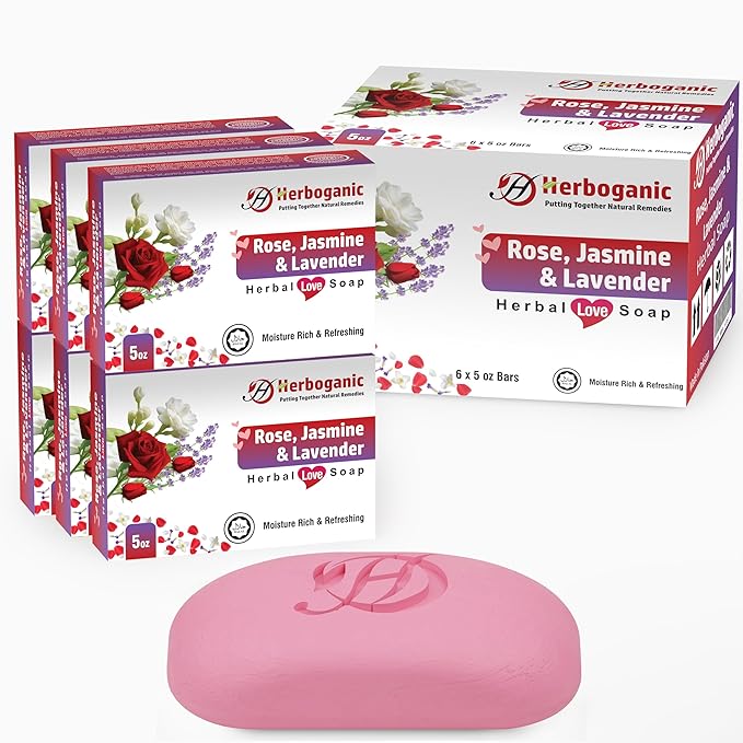 HERBOGANIC Rose Jasmine and Lavender Herbal Soap | Pack of 6 of 5oz soap Bar | Ideal for Men and Women, Soothing and Nourishing Soap for Moisturization