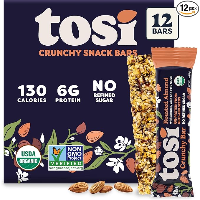 Tosi Almond Protein Bars, Plant Based with Nuts, Gluten-Free Crunchy Snacks, Vegan, Organic, Flax & Chia Seeds, Soy-Free, Omega 3s, 5G Protein, 1oz, 12-Pack