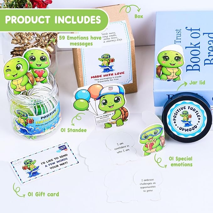 Positive Turtle Jar – 60 Daily Affirmation Cards with Standee | Cute Desk Decor & Encouragement Gift for Women, Coworkers, Teens, Friends | Emotional Support Jar, Just Because, Self Care Idea