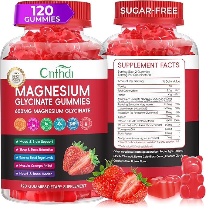 Magnesium Glycinate Gummies Sugar Free for Kids & Women, High Absorption Magnesium and Potassium with L-Threonate, Calcium, B6, D3, Chews Gummies, Relaxation, Stress Relief, Night Rest