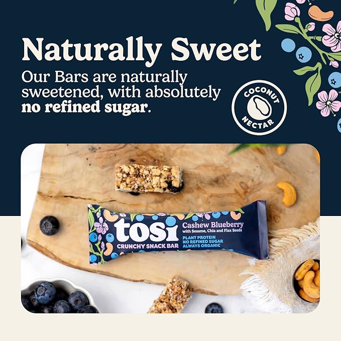 Tosi Cashew Blueberry Protein Bars - Crunchy Nut & Seed Vegan Snack Bars, Gluten Free, 6g Plant Based Protein, Organic Flax, Chia, Sesame Seeds, Omega 3s, Low in Sugar, No Soy - 1 oz, 12-Pack
