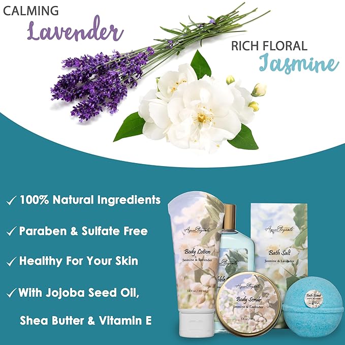 Spa Baskets For Women - Luxury Bath Set With Jasmine & Lavender - Spa Kit Includes Wash, Bubble Bath, Lotion, Bath Salts, Body Scrub, Hand Cream, Shower Puff, Bathbombs, Soap and Towel