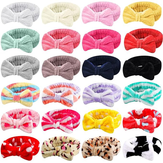 WILLBOND Spa Headband Bow Hairband Facial Makeup Women Face Wash Adjustable Skincare Headbands Flannel Towel Soft Head Wraps for Women Shower Washing Face (Stylish,24 Pieces)