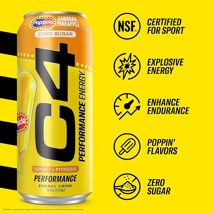 Cellucor C4 Energy Drink x Hawaiian Pineapple Popsicle, Carbonated Sugar Free Pre Workout Performance Drink with no Artificial Colors or Dyes, 16 Oz, Pack of 24