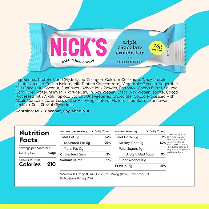 Nick’s Triple Chocolate Protein Bars – 12-Count Box | High Protein, Low Calories, Low Carbs, Keto Friendly, No Added Sugar