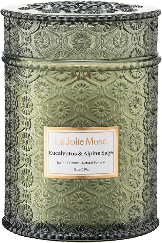LA JOLIE MUSE Eucalyptus & Alpine Sage Candle – Eucalyptus, Sage & Lavender | 19 oz Wooden Wick | Natural Soy Wax | 90 Hours Burn | Candle for Relaxation