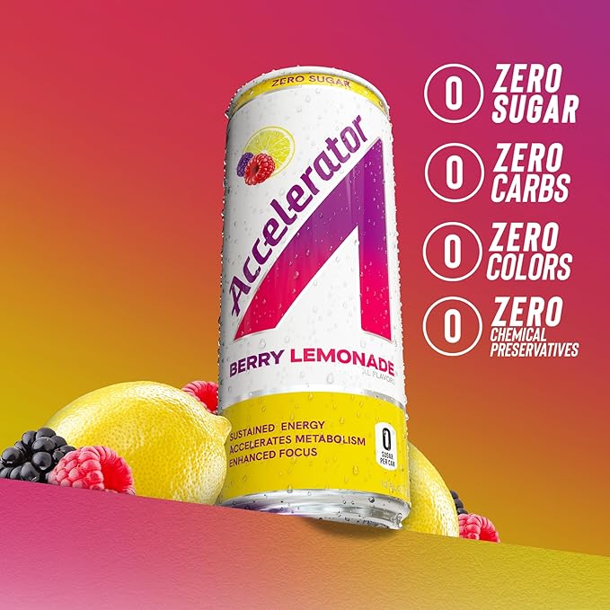 Accelerator Energy Drink Sugar Free, Berry Lemonade 12oz can(12 pack),Zero Sugar Energy Drinks with Sustained Energy from 100% Natural Caffeine (200mg) & Green Tea extract