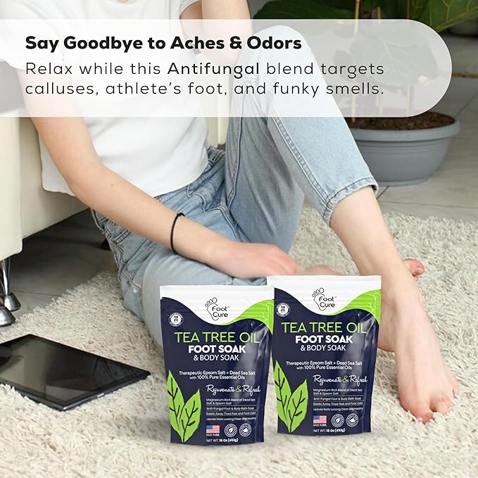 FOOT CURE Tea Tree Oil Foot Soak with Epsom Salt - Best Toenail Fungus Treatment, Athletes Foot & Softens Calluses - Soothes Sore & Tired Feet, Fungal Toe, Foot Odor Scent, Spa Pedicure (Pack of 2)