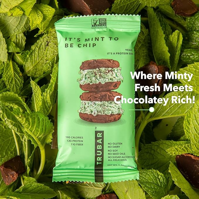 TRUBAR Vegan Protein Bars - Soy Free, Dairy Free, Gluten Free Protein Bars - No Sugar Alcohols - Non-GMO - 12g of Protein - It's Mint To Be Chip - 12 Count