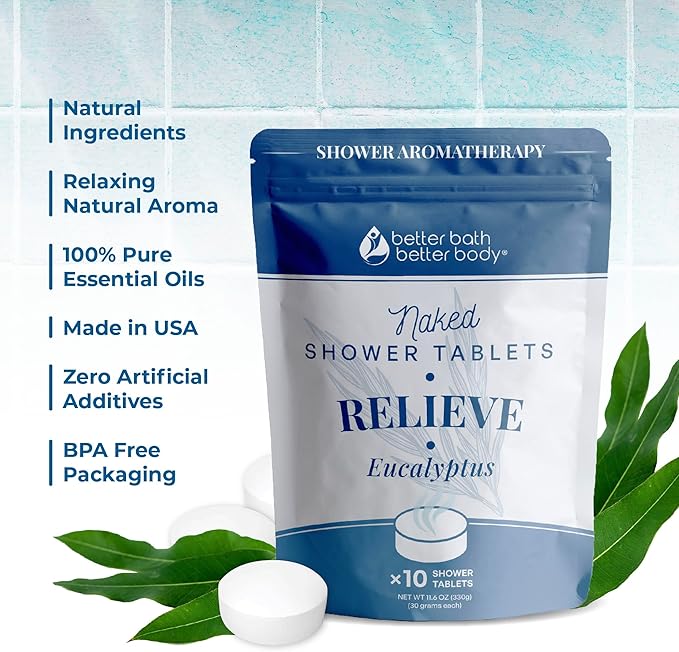 New Relieve Shower Tablets (10 Tabs) Scented with Pure Eucalyptus Essential Oil for Relaxing Shower at Home Made in USA