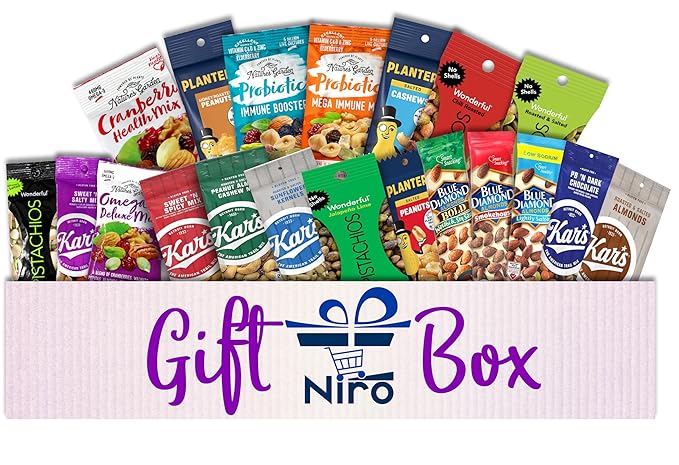 Niro Gift Basket Trail Mix Snacks Variety Pack for Adults, 20-Pack of 20 Different Healthy Snacks for Adults, Individually Wrapped Nut and Mix Assortment for On-The-Go Snacking