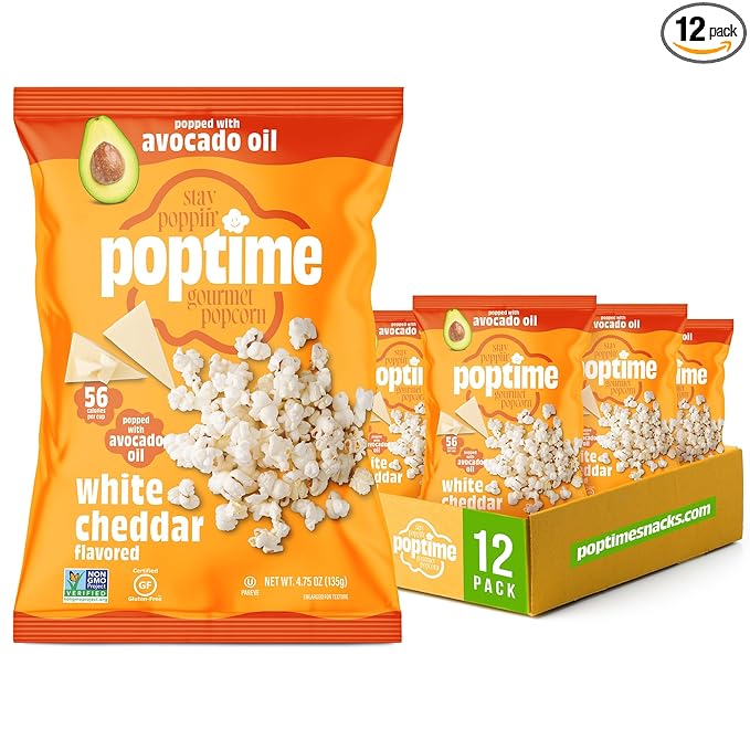 Poptime White Cheddar Popcorn Snack Bags – Gourmet Popcorn Bags, Healthy Snack With Heart-Healthy Avocado Oil, Crunchy, Cheesy, Gluten Free, Vegan, Low Calorie, Non-GMO, Kosher - 4.75 oz - Pack 12