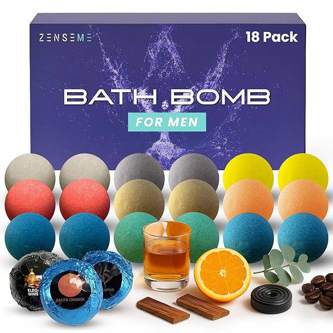 Bath Bombs for Men - Gift Set of 18 Scented Handmade Natural Bath Bombs of 2.5 oz w/Essential Oils, Unique Manly Scents, for Boyfriend, Husband, Father - 18 Pack
