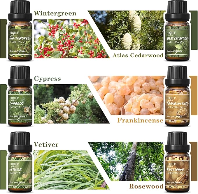 HIQILI Woodsy Fragrance Oil Set for Aromatherapy, Essential Oil Diffuser, Ideal for DIY Candles & Perfume Making, Massage Oil - Cedarwood, Frankincense, Vetiver, Rosewood, Cypress - 6x10ml