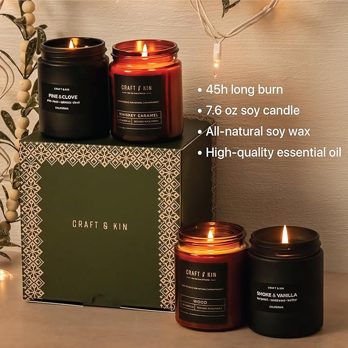 Craft & Kin Scented Candle Gift Set | Embers & Spice Home Scented Candle Sets for House Warming, Men's Gift Candles
