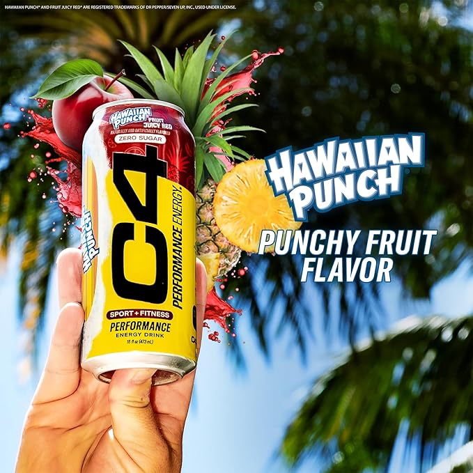 C4 Energy Drink, Hawaiian Punch Fruit Juicy Red, Carbonated Sugar Free Pre Workout Performance Drink with no Artificial Colors or Dyes, 16oz Pack of 12